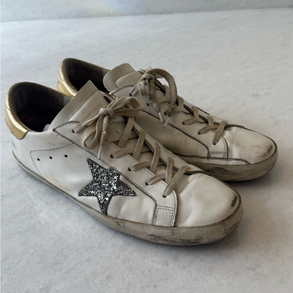 Golden Goose White Sneakers with Glitter Star and Gold Heel
